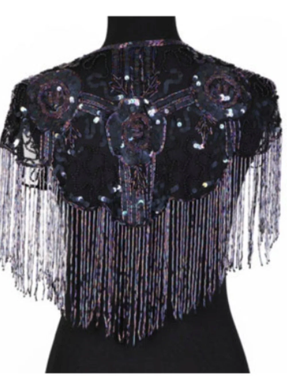 Vintage 80s iridescent Black Blue Beaded Sequin Fringe Capelet Shawl Holographic